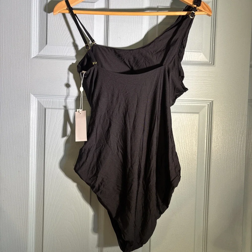 Trina Turk Black One Shoulder Swimsuit Women's Size 10 Asymmetrical Belted. - Picture 4 of 7